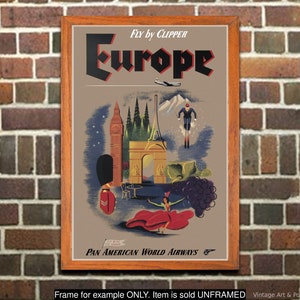 Poster de voyage vintage : impression d&#39;art mural « Europe - Fly by Clipper » Airline Aviation