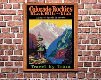 Railroad Travel Poster Rockies & Black Hills, Vintage Print, Wall Art for Home or office Decor  (304)