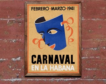 Art Deco Print Carnaval in Havana Cuba, Carnaval Mask Masque Poster, Wall Art for Home or office Decor (132)