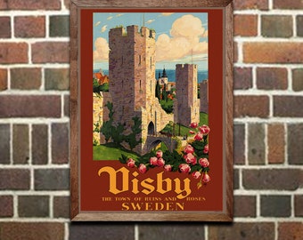 Sweden Travel Poster, "Visby - Town of Ruins and Roses",  Wall Art Print, Vintage Decor
