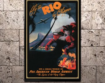 Rio by Clipper Vintage Travel Poster Print Aviation Art for Home or Office Decor, Wall Art