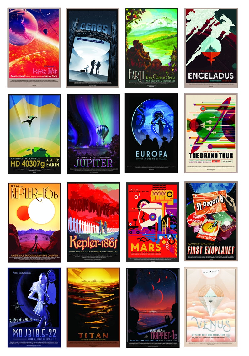 May include: A collection of 15 retro-style travel posters featuring different planets and celestial bodies. Each poster has a unique design and includes text about the destination, such as "Europa", "Kepler-186f", and "Venus".