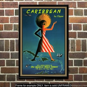 Airline Travel Poster Caribbean, Vintage Airline Travel Print, Wall Art for Home Office Decor
