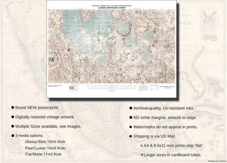 Map of Moon, Lunar Chart, Moon Map NASA Earthside Lunar Map Astronomy Aid Astronomical Chart 525 image 3