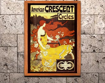 Art Nouveau Print, American Crescent Bicycles, Vintage Advertisement Art Poster, Home Office Decor, Wall Art (171)