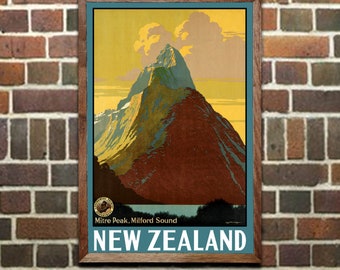 Travel Poster - New Zealand - Mitre Peak - Milford Sound - Vintage Travel Art Print, Home Office Decor Wall Art (425)