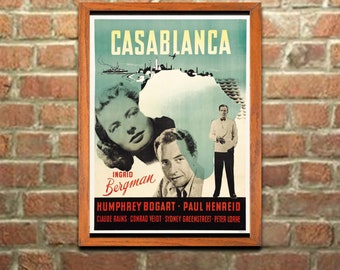 Casablanca Movie Poster, Bogart, Bergman, Vintage Film Art Print, Lobby Card for Movie Media Room Home Office Decor Wall Art (577)