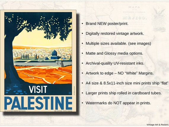 Vintage Travel Art Print Visit Palestine A4 Size Mini Poster