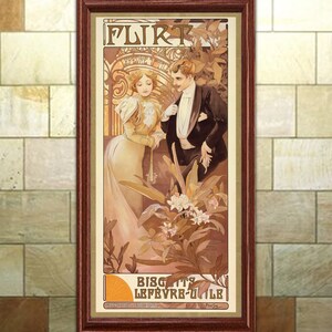 May include: A vintage poster advertising "Biscuits Lefevre-Utile" featuring a couple in a romantic setting. The poster is in a decorative frame and has the text "FLIRT" at the top.