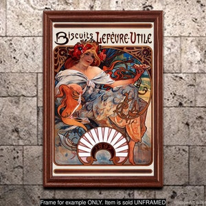 May include: A vintage poster advertising Biscuits Lefevre-Utile. The poster features a woman in a flowing white dress holding a plate of biscuits. The poster is in the Art Nouveau style and features a decorative border.