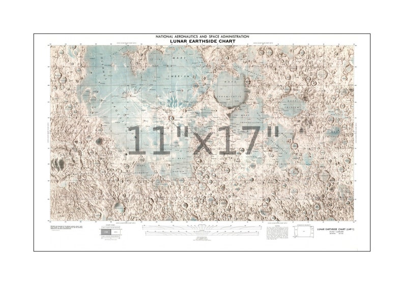 Map of Moon, Lunar Chart, Moon Map NASA Earthside Lunar Map Astronomy Aid Astronomical Chart 525 11x17 inches