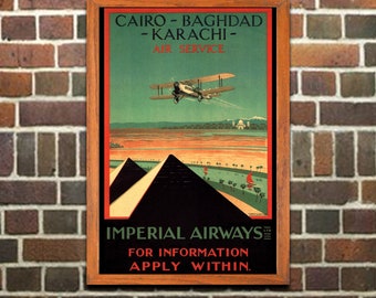 Travel Poster Cairo Baghdad Karachi, Imperial Airways, Vintage Print, Wall Art for Home or Office Decor