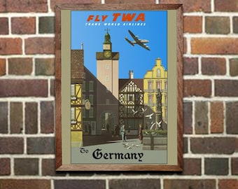 Vintage TWA Germany Travel Poster: Lockheed Constellation Aviation Art