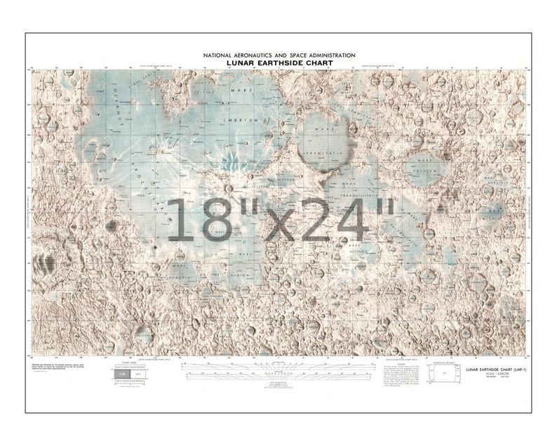 Map of Moon, Lunar Chart, Moon Map NASA Earthside Lunar Map Astronomy Aid Astronomical Chart 525 18x24 inches