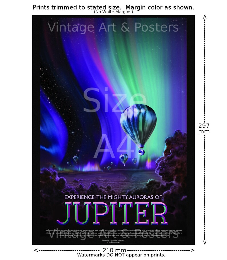 May include: A poster with a vibrant blue and green aurora borealis over a dark planet. The poster features hot air balloons floating in the sky and the text "EXPERIENCE THE MIGHTY AURORAS OF JUPITER". The poster is 297 mm tall and 210 mm wide.