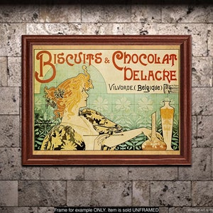 May include: Vintage advertisement for Biscuits & Chocolat Delacre, featuring a woman in a floral dress and a bottle of liquid. The text reads "Biscuits & Chocolat Delacre Vilvorde (Belgique)".