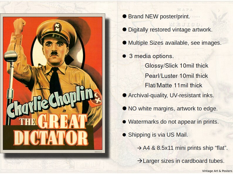 Op de afbeelding: Een vintage filmposter voor de film "De Grote Diktator" met Charlie Chaplin. De poster toont een kleurenbeeld van Chaplin in zijn rol, die een groet geeft, met een hakenkruis op zijn arm. De poster is verkrijgbaar in verschillende formaten en afwerkingen.