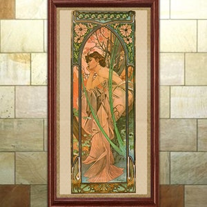 Impresión Art Nouveau, Mucha, Contemplación vespertina, serie Momentos del día, arte de pared vintage 'boho' para decoración del hogar o la oficina.