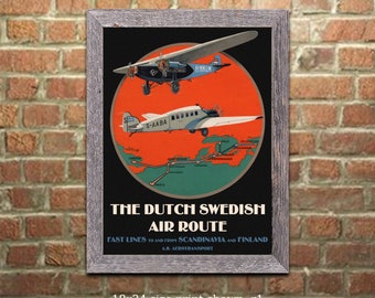 Travel Poster - The Dutch Swedish Route - Vintage Aviation Art, Home Office Decor, Wall Art (677)