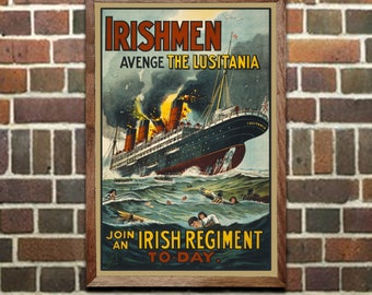 WWI Propaganda Poster: "Avenge the Lusitania!", Vintage Wall Art Print