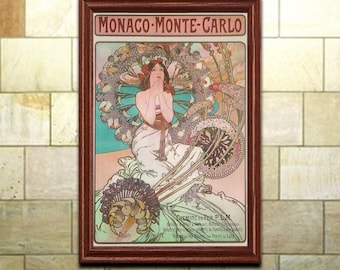 Mucha Art Nouveau Print: Monaco Monte Carlo, Bohemian Decor Wall Art