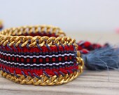 NEW: limited edition OOAK beautiful peruvian woven bracelet with big tassel, framed with heavy chain