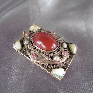 Art Deco Pendant, Antique Gold Plated Pendant, Carnelian, Pearls