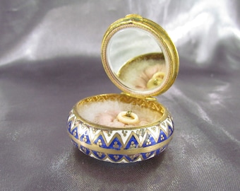 Art Deco French Enamel Powder Box, Powder Compact Pill Box, Enamel Cloisonne Small Powder Box