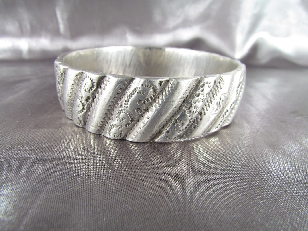 Bracelet Ethnique Ancien En Argent Massif 925 - Style Jonc Art Déco Avec émaux - Occasion à Porter Ou Collection