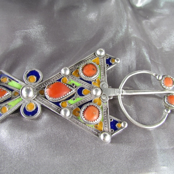 Grande Broche Fibule Kabyle Beni Yenni, Argent Corail Email Algérie XIXème, Bijoux ethnique Ancien