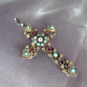 Austro Hungarian Cross, Victorian Cross Pendant Turquoise Garnet Pearl 19th Century
