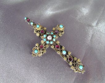 Austro Hungarian Cross, Victorian Cross Pendant Turquoise Garnet Pearl 19th Century