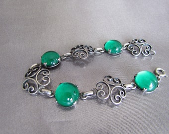 Vintage French Sterling Silver Bracelet, Glass Cabochon Bracelet