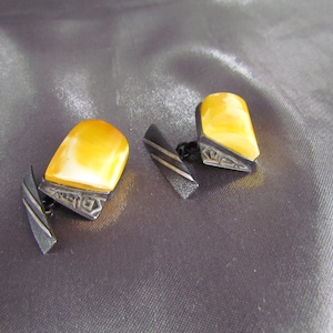 Cufflinks, Antique Russian Art Deco Cufflinks, Amber, Niello Silver