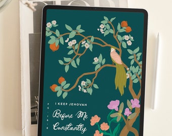 May include: A digital illustration of a green tree with white flowers, orange fruit, and a pink and green bird. The text "I keep Jehovah Before Me Constantly" is written in white on a dark green background.