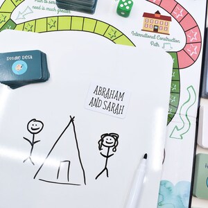K&ouml;nnte beinhalten: Ein wei&szlig;es Trockenl&ouml;schboard mit einer Zeichnung einer Familie aus Strichm&auml;nnchen, die vor einem Zelt stehen. Der Text "ABRAHAM AND SARAH" ist auf einem wei&szlig;en Aufkleber auf dem Board geschrieben.