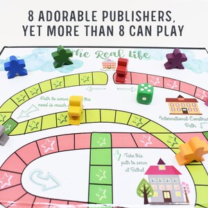 K&ouml;nnte beinhalten: Ein Brettspiel mit einem farbenfrohen Spielbrett und Spielfiguren. Das Brett hat einen Pfad mit Sternen und den Text "The Real Life" und "Path to serve need is much the". Es gibt auch zwei Geb&auml;ude auf dem Brett, eines mit dem Text "International Construction Path" und das andere mit dem Text "Take this path to serve at Bethel".