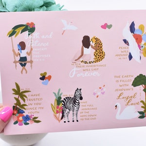 May include: Pink background with colorful illustrations of animals and plants.  The text includes bible verses and phrases like "Faith and Patience", "Their inheritance will last forever", "Peace will abound", "I have trusted in you since my youth", "Have the full assurance of the hope down to the end", and "The earth is filled with Jehovah's Loyal Love".