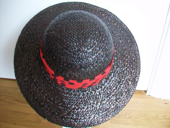 Vintage Black Wheat Straw Wide Brim Hat With Red and Black  display picture 2