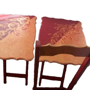 Vintage, One Off, Hand Made, Hand Painted Pair of Fold Up Occasional Tables in Tidy Carry/Storage Stand