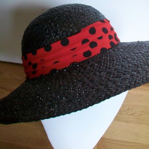 Vintage Black Wheat Straw Wide Brim Hat with Red and Black Polka Dot Band, Made in England