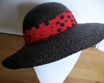 Vintage Nordstrom Open Top Hat 70s Black Woven Straw Red Polka Dot Bow Italy Nordstrom | Accessories | Nordstrom Handcrafted Straw Bucket  main image 2