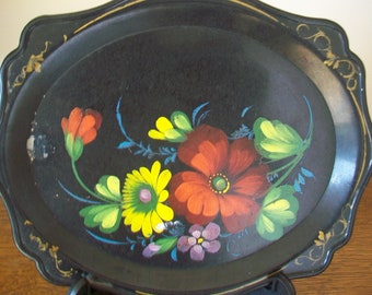 Charming vintage small Black Tray, hand decorated