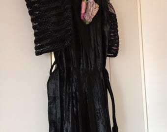 Original Antique Black Velvet High Neck Dress, Victorian Mourning, Lace Trim