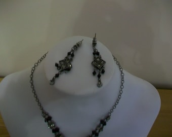 Black, Silver Tone and Diamante Necklace and Earring Set; Free Pin included; Christmas jewellery, perfect for Christmas parties set