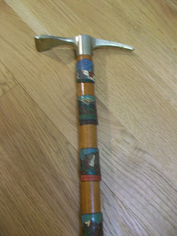 Vintage Swiss Souvenir Ice Pick Walking Cane with 11 … Gem