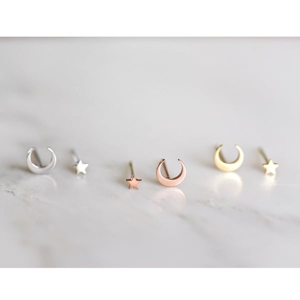 Crescent Moon Star Stud Earrings, Titanium Earring Set, Gift For Her, Cadeau Voor Vrouwen, Rose Gold Stud, Stainless Steel, Kinder Oorbellen