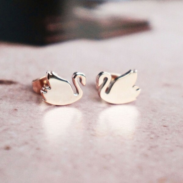 swan stud earrings, rose gold stainless steel, elegant jewelry, gift for her, bridesmaids, mother's day, mom, birthday