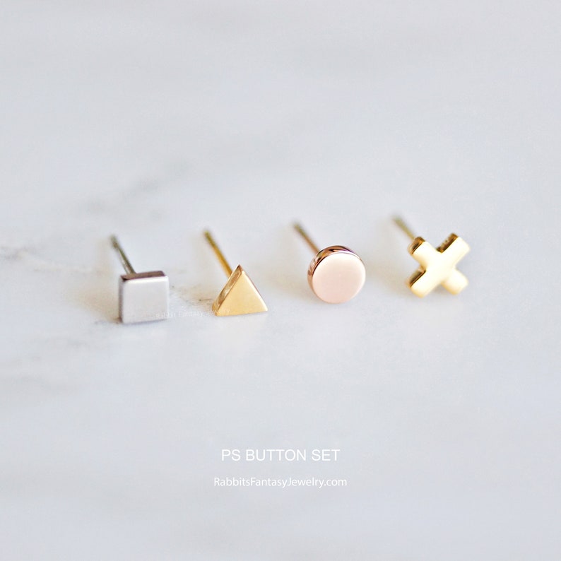 Minimalist Earring Set, Tiny Stud, Circle Square Cross Triangle, Gift For Him, Her, Rose Gold, Titanium Set, Architectural, Oorbellen, PS5 