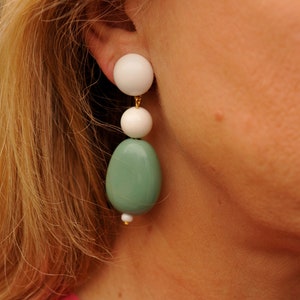 White and Green Acrylic Chunky Dangle Earrings, Clip on Earrings, Mid Century Modern, Large Statement Drop Earrings, 60s Earrings For Her